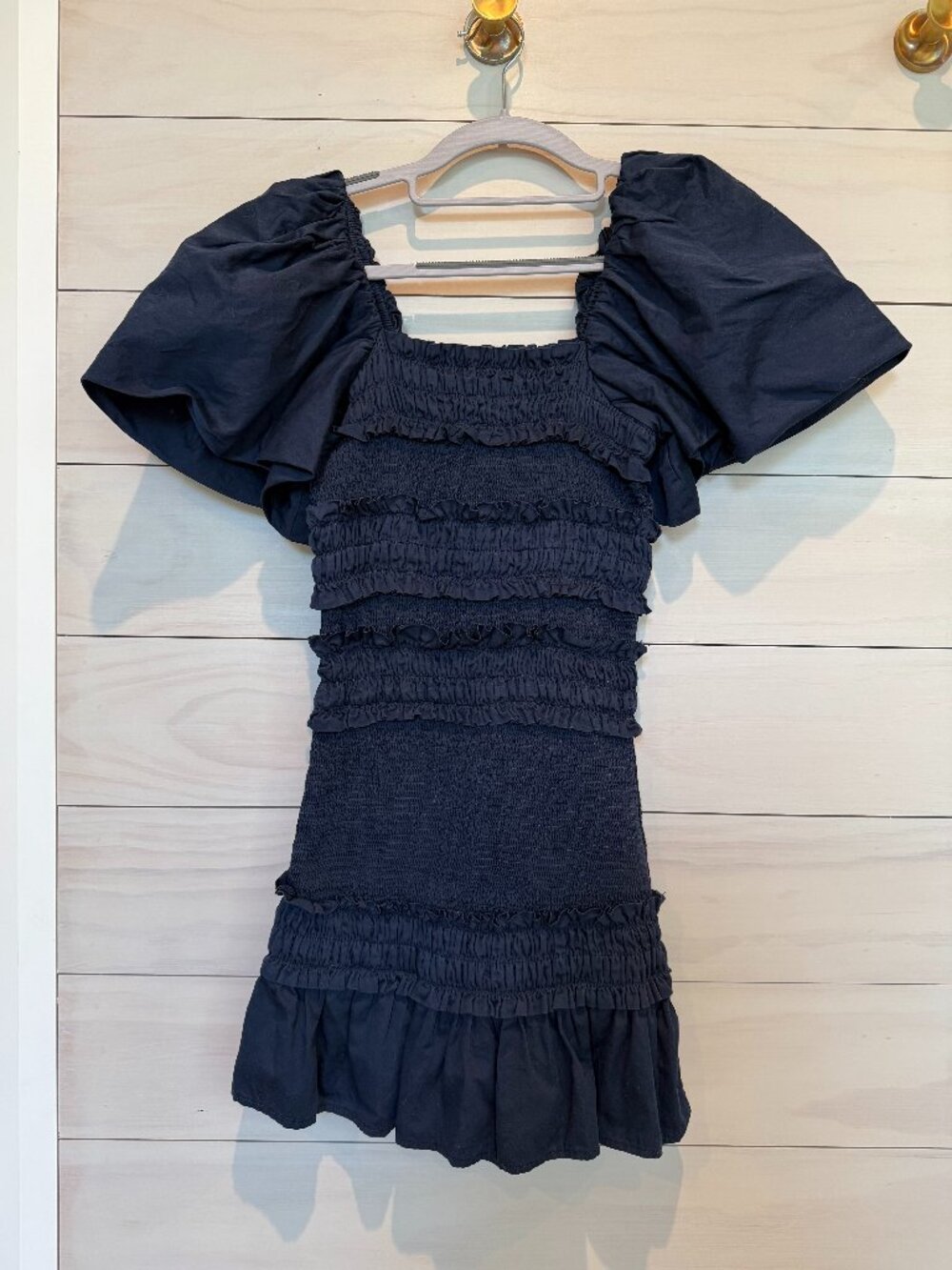Cake For Dinner - Pixie Smocked Dress - Navy Blue Puff Sleeve - XXS Cotton